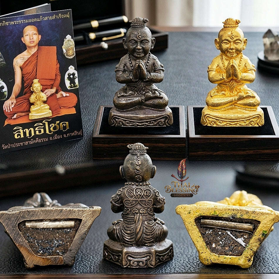 💥 BLACK-BRONZED WEALTH MAGNET! Kuman Phrai Sitthi Chok Phrai Child Spirit Effigy for Abundant Wealth, Business Success, and Curio Collectible Heritage