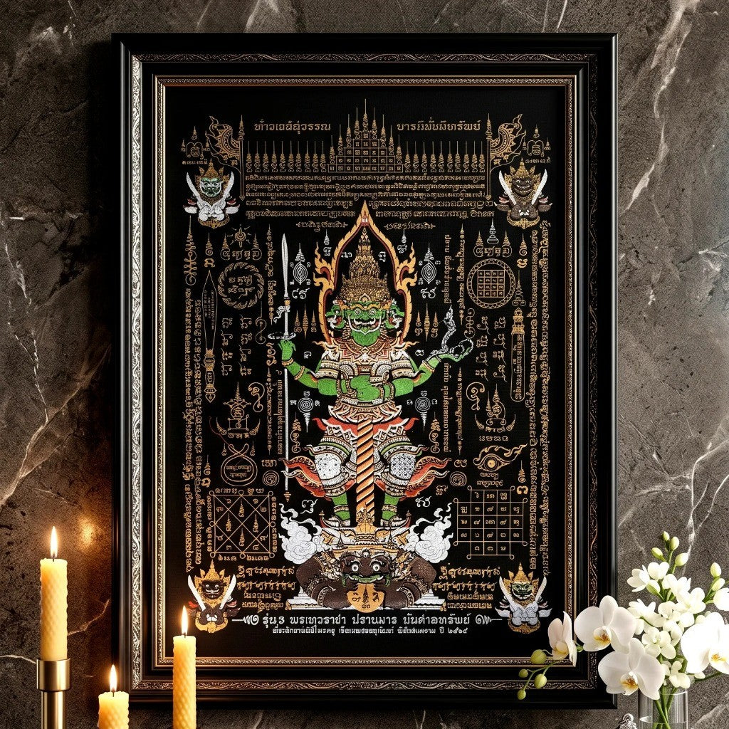 ✨ ผ้ายันต์ท้าวเวสสุวรรณ "พรเทวราชาปราบมาร บันดาลทรัพย์" โดย สำนักเรือนพระเพชรฉลูกัณฑ์: ปราการแห่งความมั่งคั่งและเกราะป้องกันภัยอันศักดิ์สิทธิ์