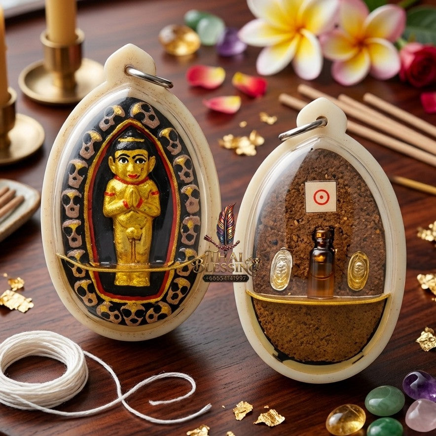 ✨ กุมารทอง "บันดาลลาภ" เนื้อว่านผสมผงพรายกุมาร เลี่ยมน้ำมันอาถรรพ์ หลวงปู่ทองวัน วัดโพธิ์คำ (ปี 2563): สุดยอดเครื่องรางสายพรายมหาลาภ แรงที่สุดแห่งปี ดึงดูดโชคลาภและพลิกฟื้นธุรกิจให้มั่งคั่ง!