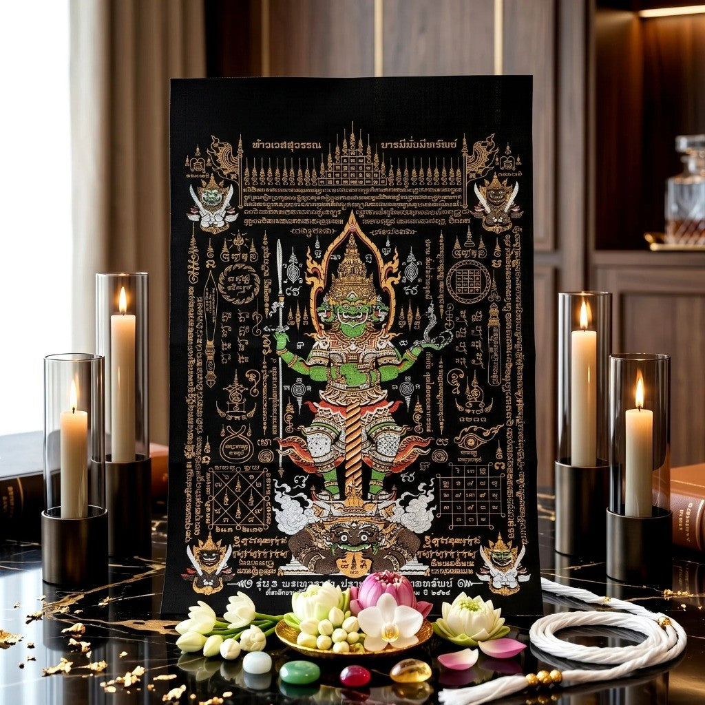 ✨ ผ้ายันต์ท้าวเวสสุวรรณ "พรเทวราชาปราบมาร บันดาลทรัพย์" โดย สำนักเรือนพระเพชรฉลูกัณฑ์: ปราการแห่งความมั่งคั่งและเกราะป้องกันภัยอันศักดิ์สิทธิ์
