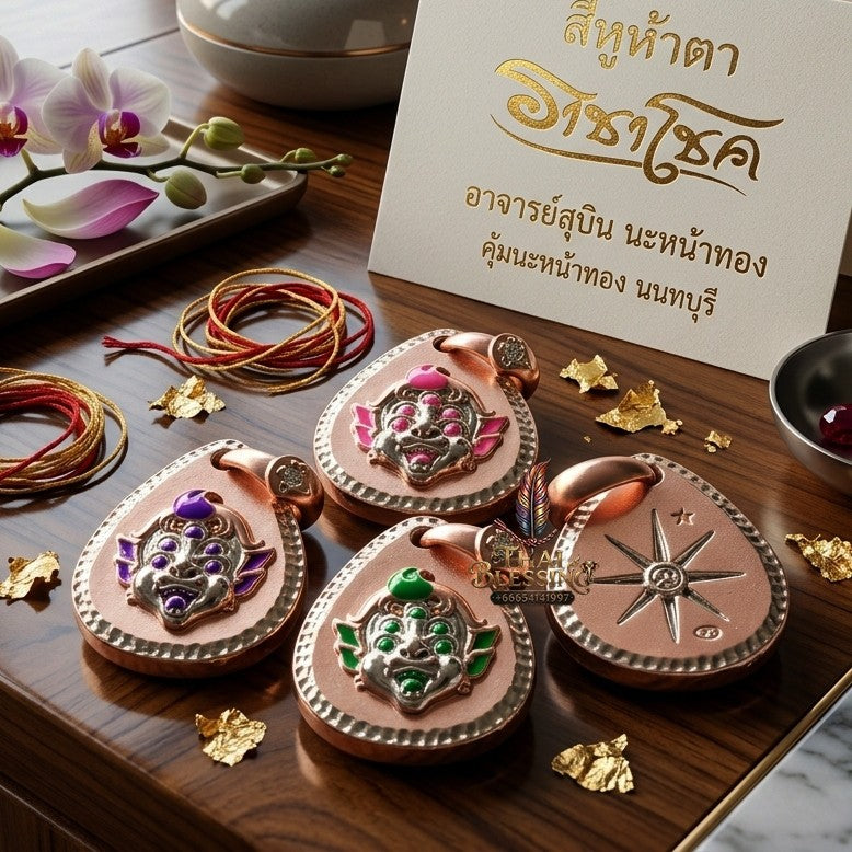 ✨ จี้ "สี่หูห้าตา" (เนื้อสัมฤทธิ์ชุบพิงค์โกลด์ลงยา) ปี 2564 โดย อาจารย์สุบิน นะหน้าทอง: เทพเจ้าแห่งโชคลาภระดับพรีเมียม ที่บันดาลให้ผู้บูชาร่ำรวยพลิกฐานะได้อย่างอัศจรรย์!